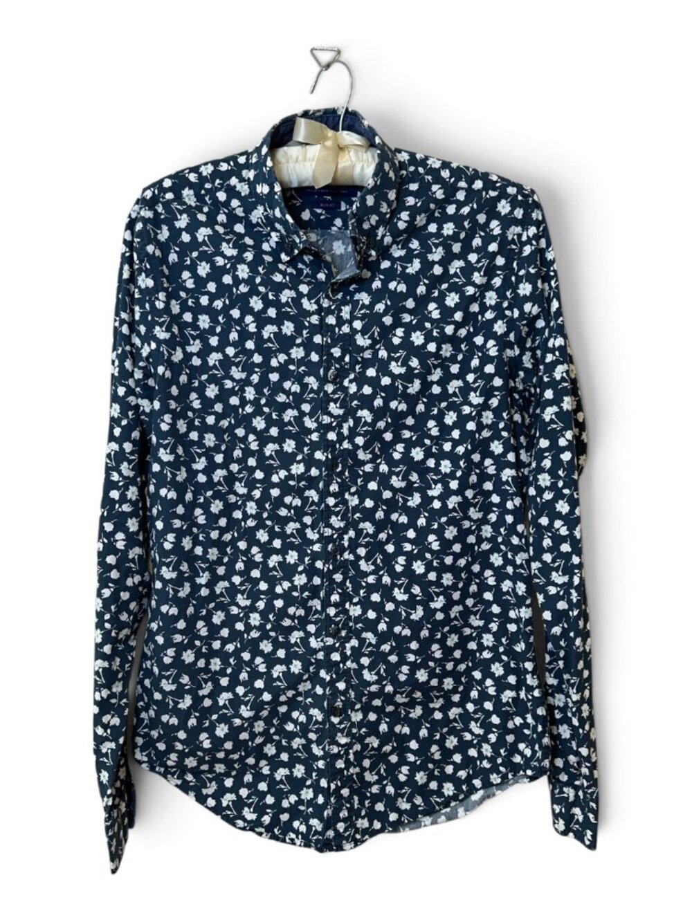 Zara Man Button Down Up Shirt Navy Floral Size S Slim Mens White Flowers